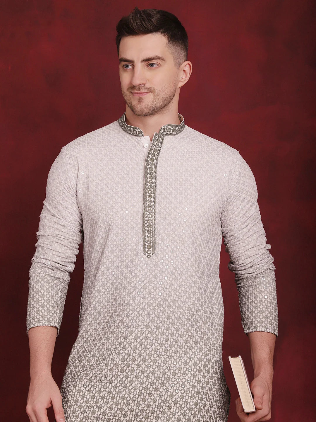Men's Sequins Embroidered Kurta with Pyjama ( JOKP P 5025Pista )