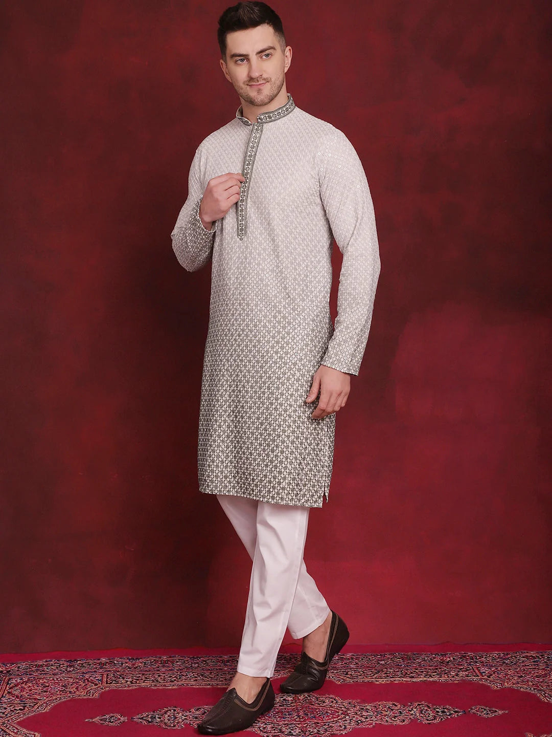 Mens Kurta Pajama Set: Embroidered Sequins Kurta