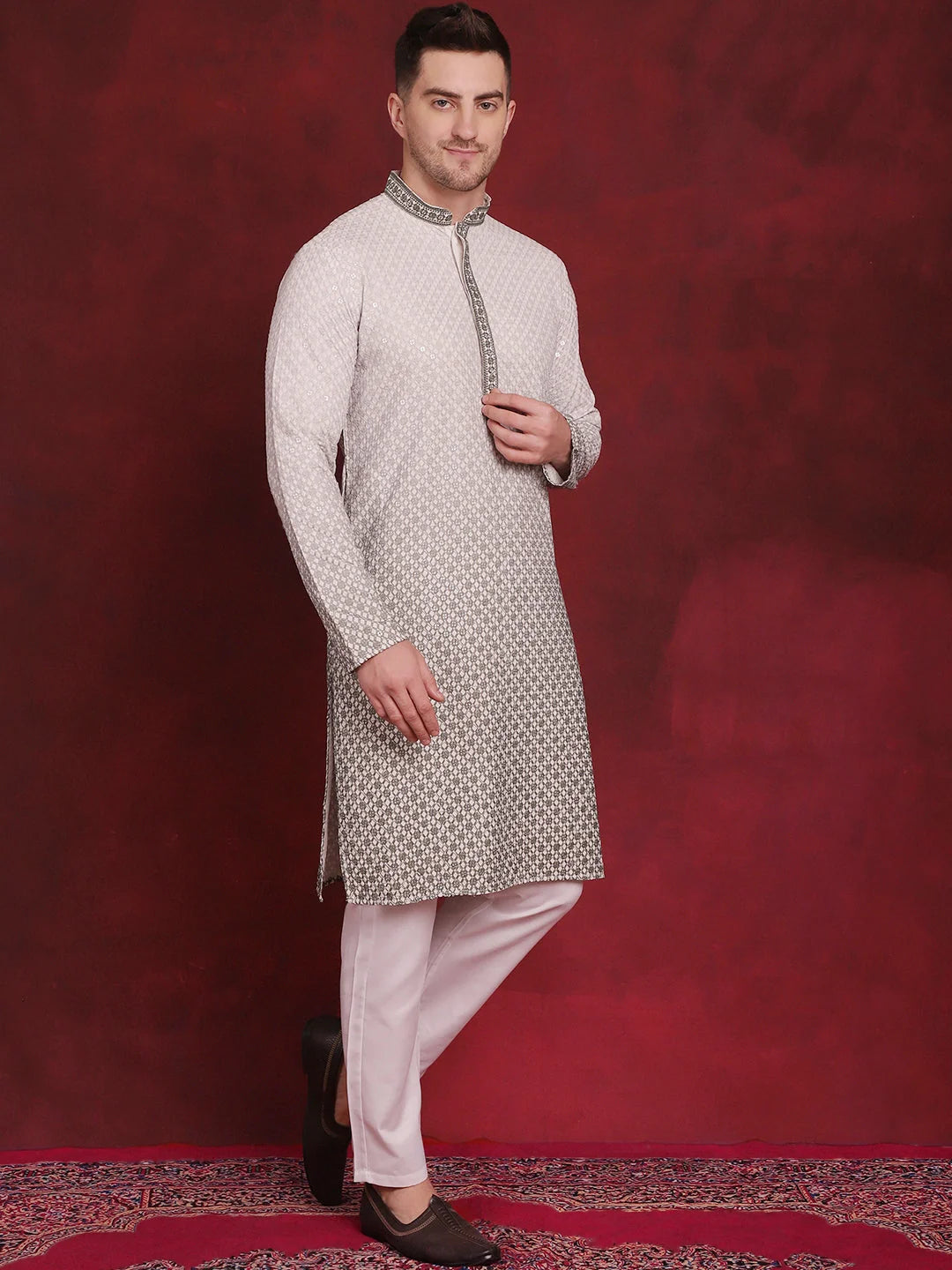 Mens Kurta Pajama Set: Embroidered Sequins Kurta