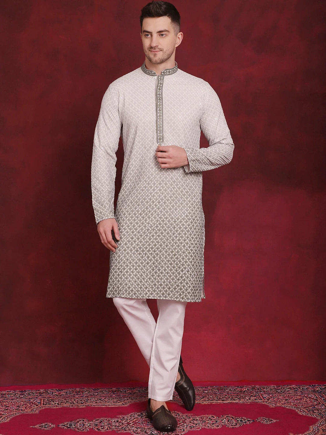 Mens Kurta Pajama Set: Embroidered Sequins Kurta