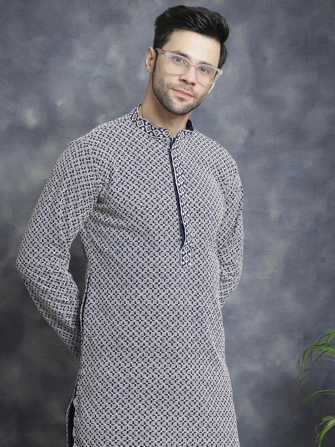 Navy Embroidered Cotton Kurta with Pyjamas | Kurta Pajama Set