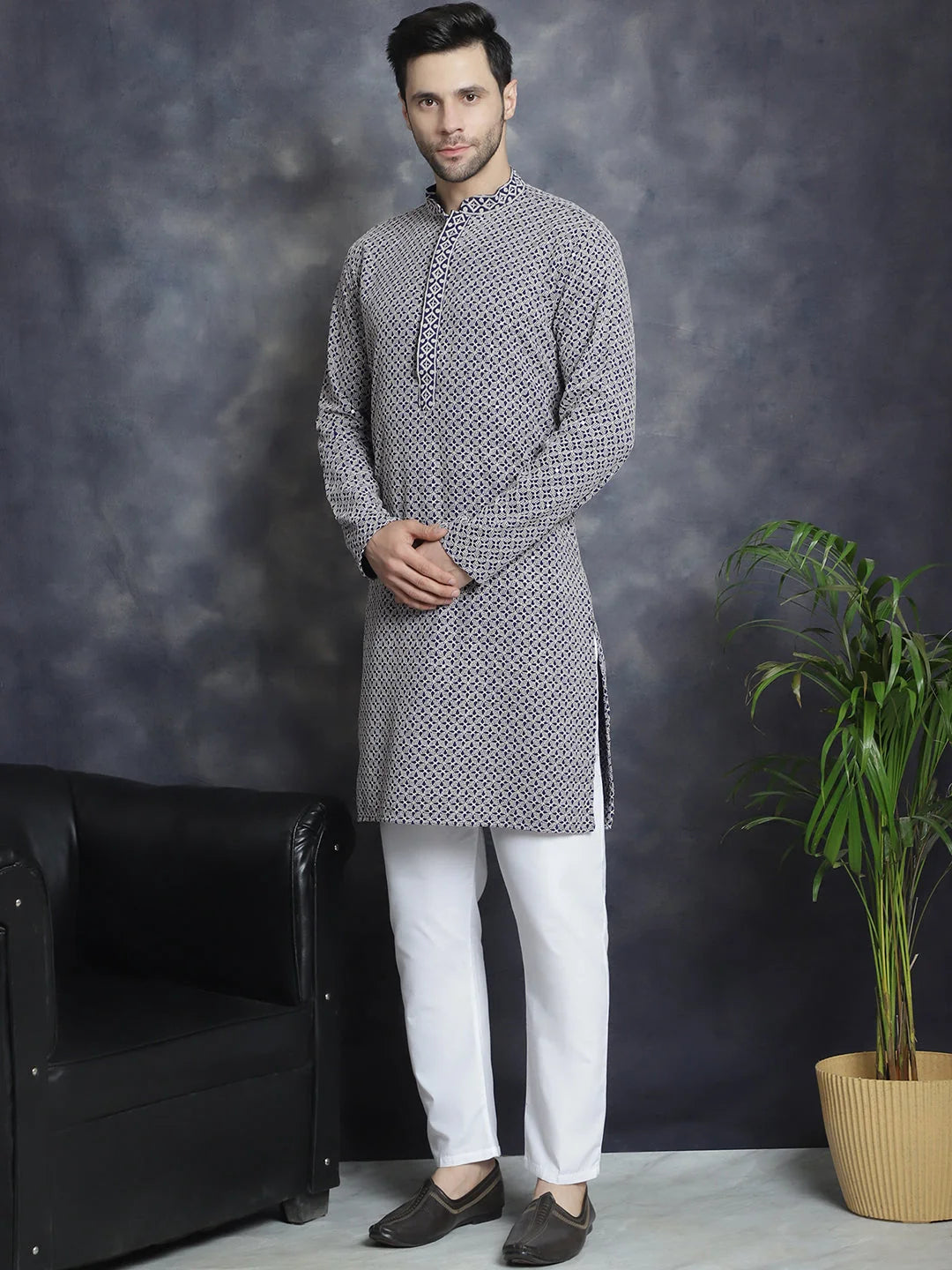 Navy Embroidered Cotton Kurta with Pyjamas | Kurta Pajama Set