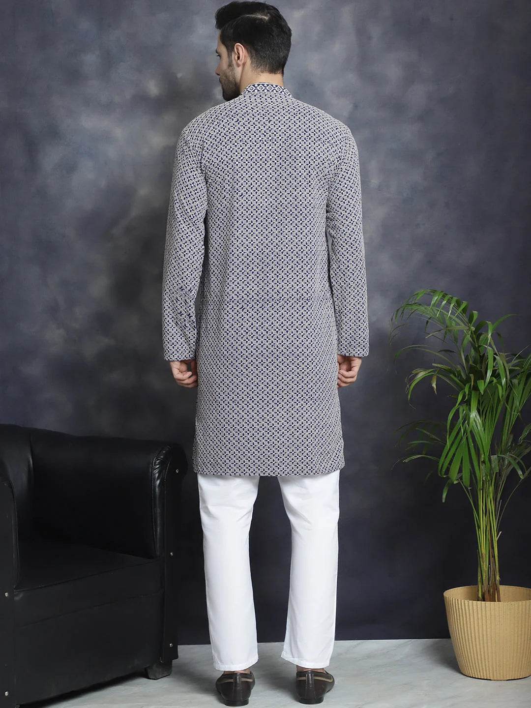 Navy Embroidered Cotton Kurta with Pyjamas | Kurta Pajama Set
