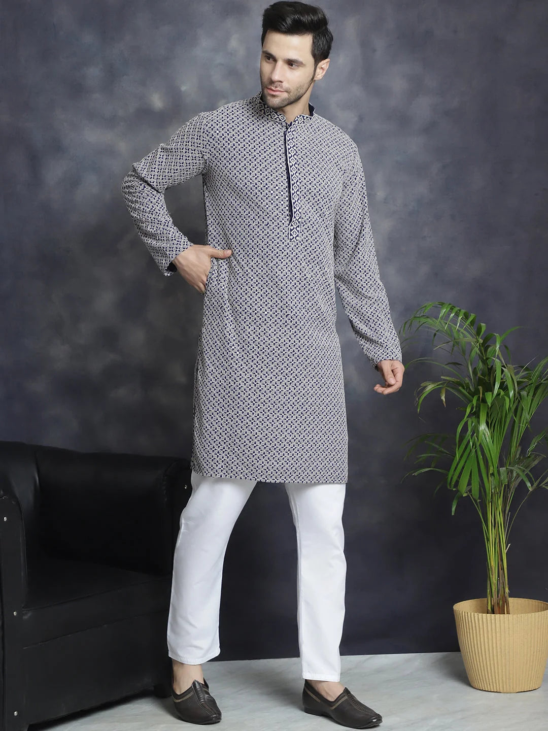 Navy Embroidered Cotton Kurta with Pyjamas | Kurta Pajama Set