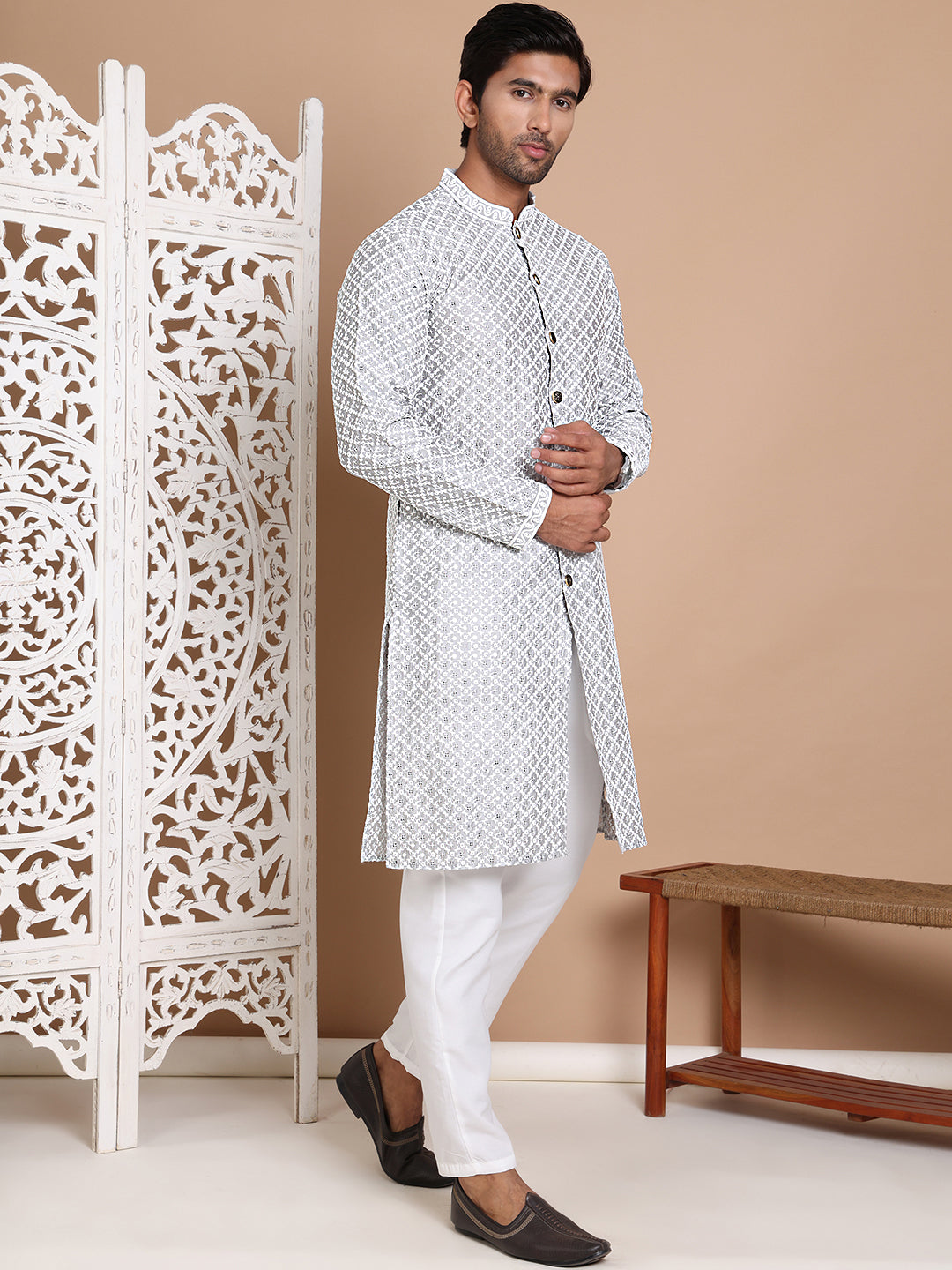 DesiQlo Men Embroidered Kurta Pyjama Set - Grey - JOKP_P_5029Grey_S
