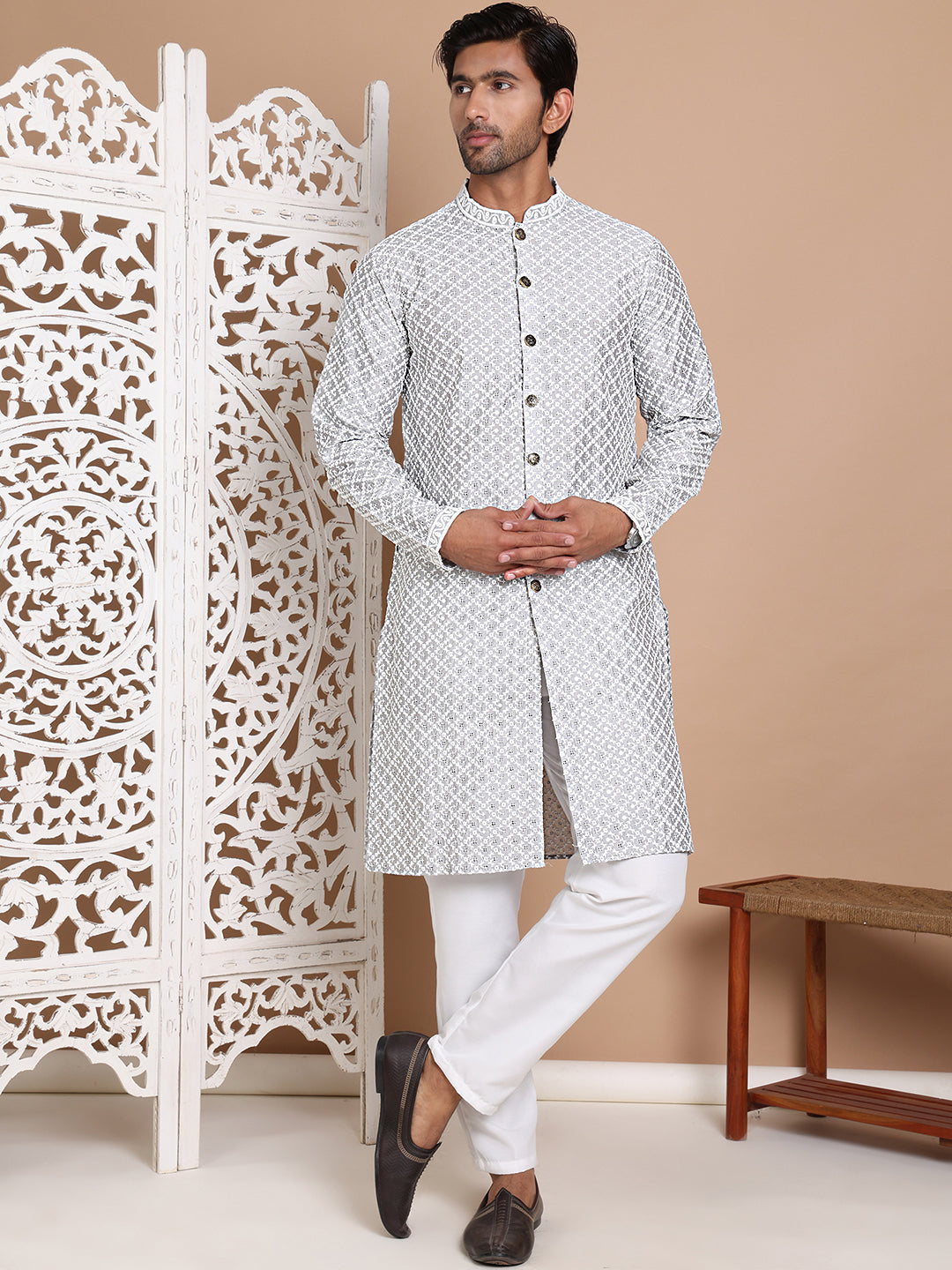 DesiQlo Men Embroidered Kurta Pyjama Set - Grey - JOKP_P_5029Grey_S