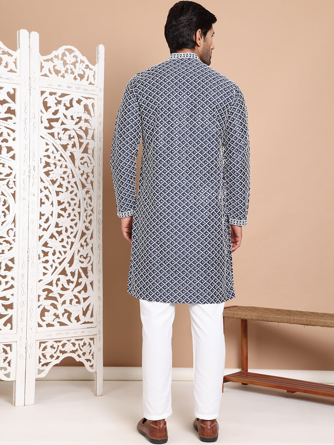 DesiQlo Men Embroidered Kurta Pyjama Set - Blue - JOKP_P_5029Navy_S