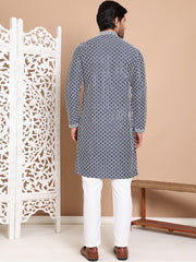 Sequin Chikankari Front Open Kurta With Pyjamas ( JOKP P 5029Navy ) [FF] [H-4-6]