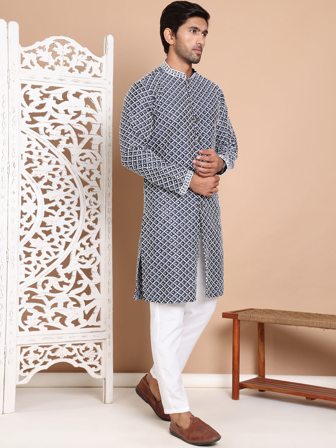 DesiQlo Men Embroidered Kurta Pyjama Set - Blue - JOKP_P_5029Navy_S