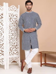 Sequin Chikankari Front Open Kurta With Pyjamas ( JOKP P 5029Navy ) [FF] [H-4-6]