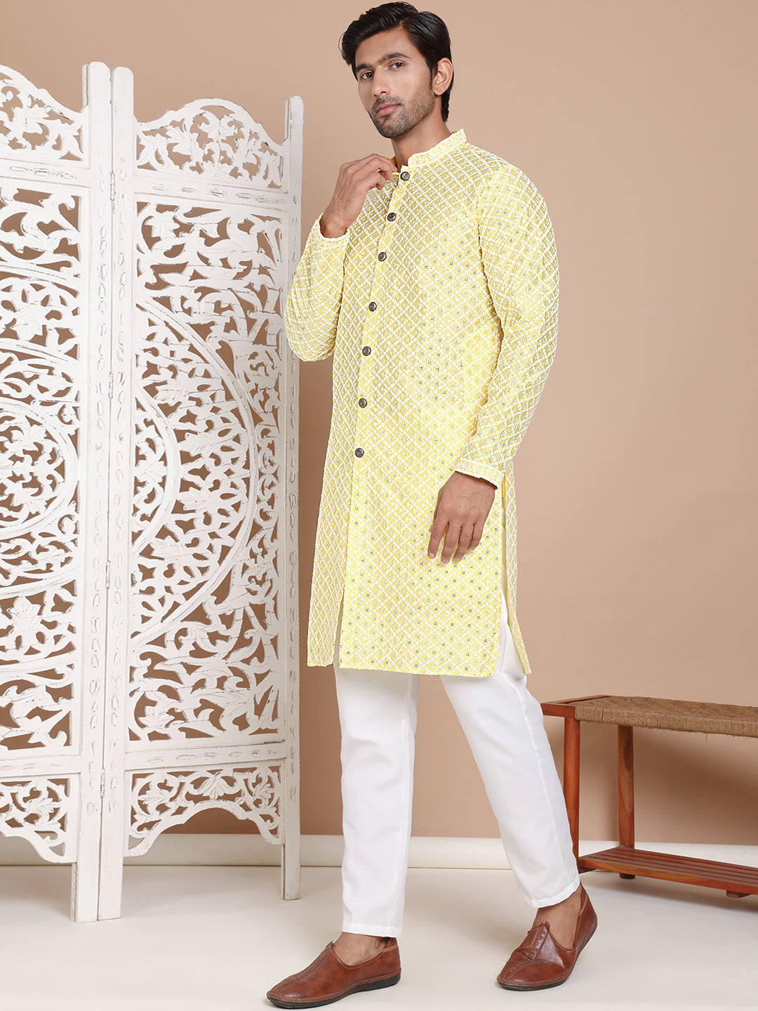 DesiQlo Men Embroidered Kurta Pyjama Set - Yellow - JOKP_P_5029Yellow_
