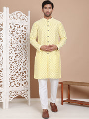 Sequin Chikankari Front Open Kurta With Pyjamas ( JOKP P 5029Yellow ) [FF] [H-4-6]