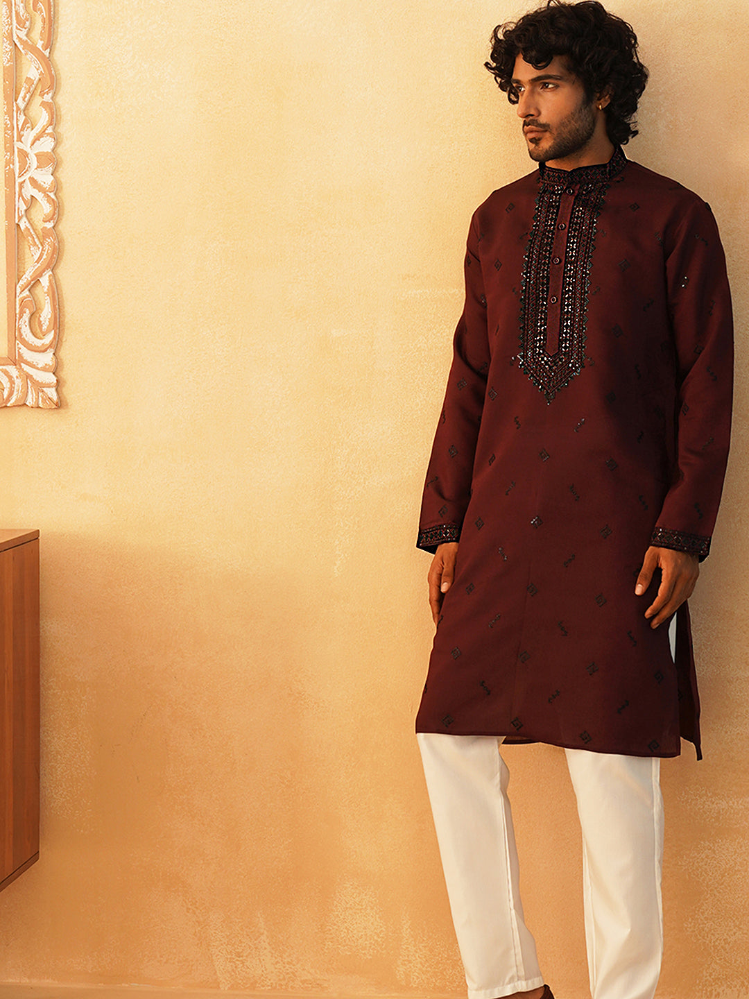Maroon Sequins Embroidered Mens Kurta Pajama Set | Kurta Pajama