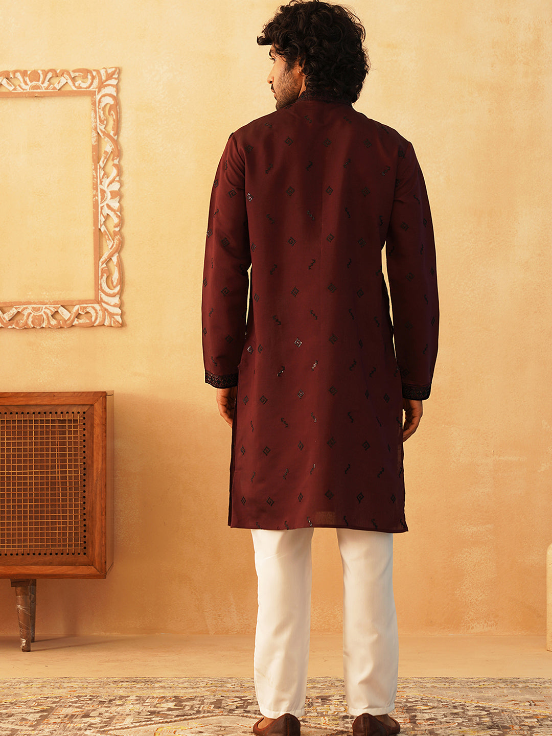 Maroon Sequins Embroidered Mens Kurta Pajama Set | Kurta Pajama