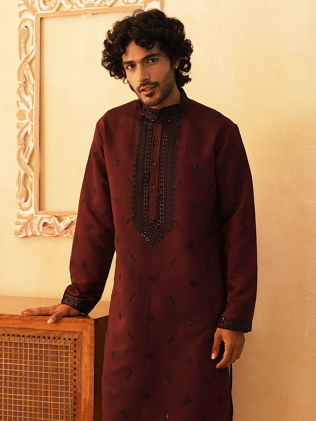 Maroon Sequins Embroidered Mens Kurta Pajama Set | Kurta Pajama