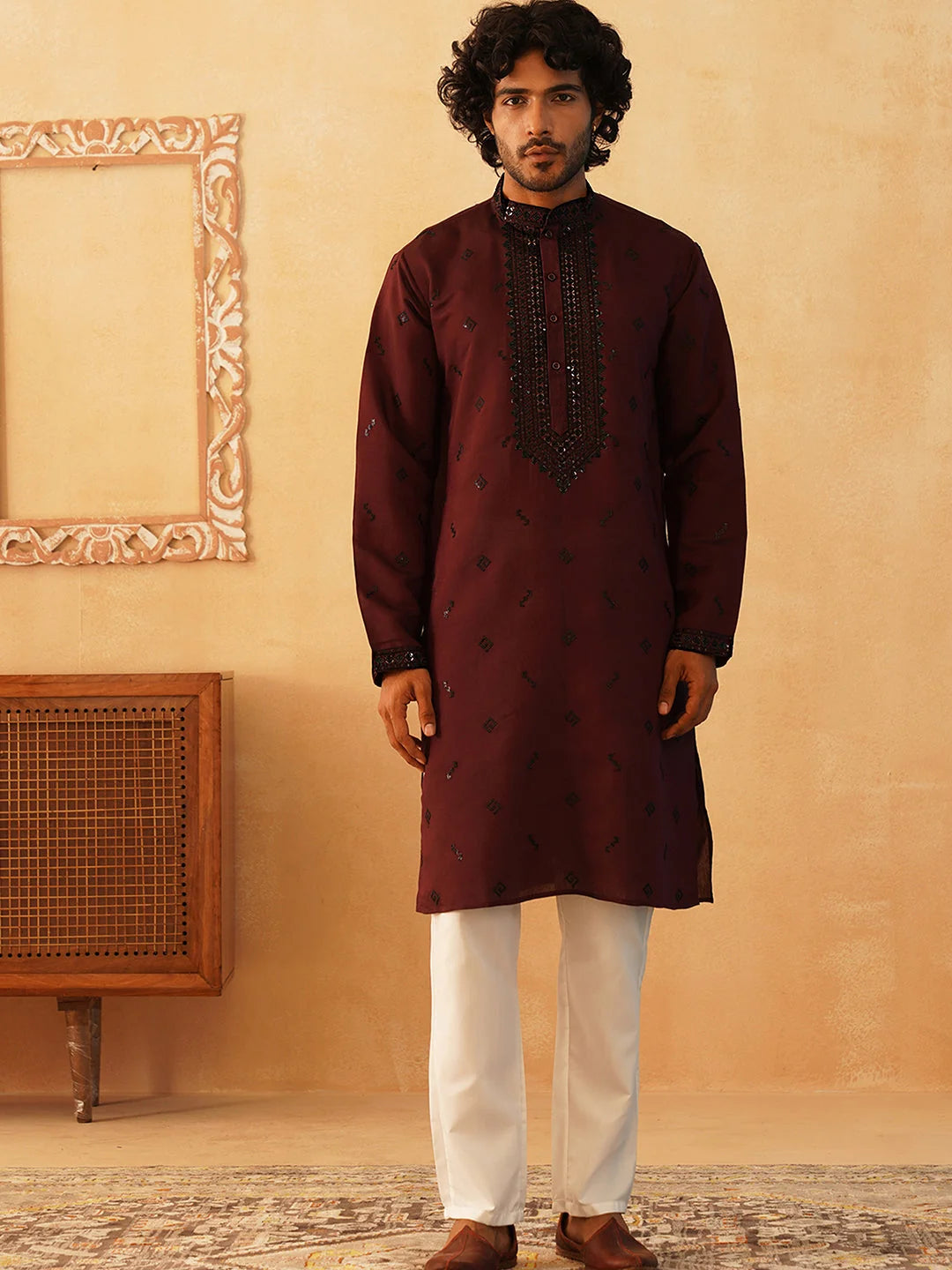 Maroon Sequins Embroidered Mens Kurta Pajama Set | Kurta Pajama