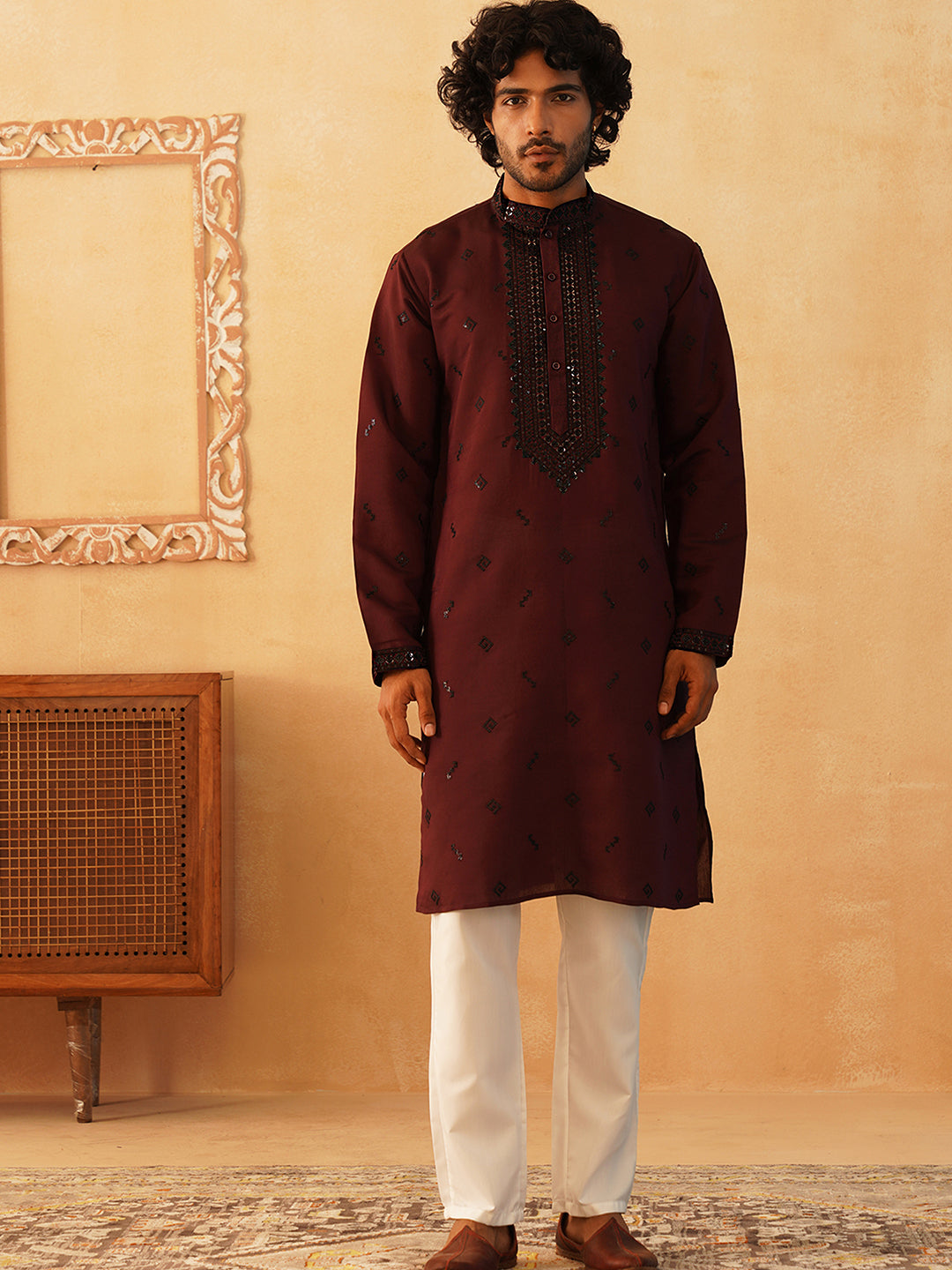 Maroon Sequins Embroidered Mens Kurta Pajama Set | Kurta Pajama