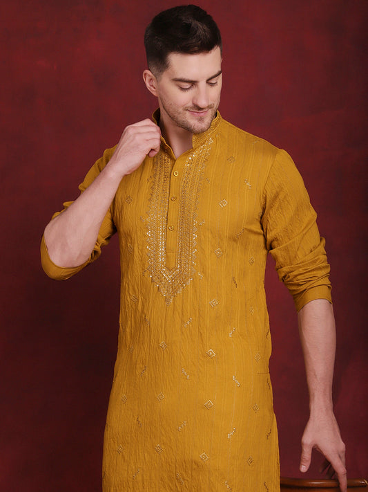 Men's Sequins Embroidered Kurta Pyjama Set ( JOKP P 5030Mustard ) 1080
