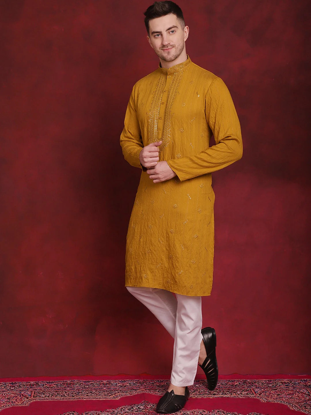 Mustard Mens Kurta Pajama Set - Embroidered Sequins | Ethnic Wear