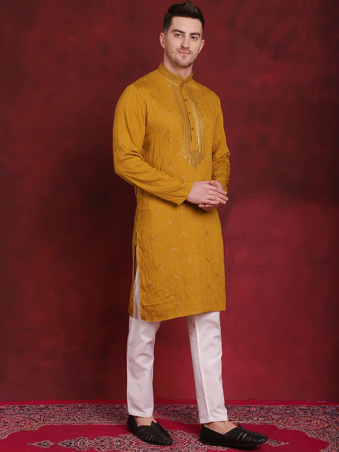 Mustard Mens Kurta Pajama Set - Embroidered Sequins | Ethnic Wear