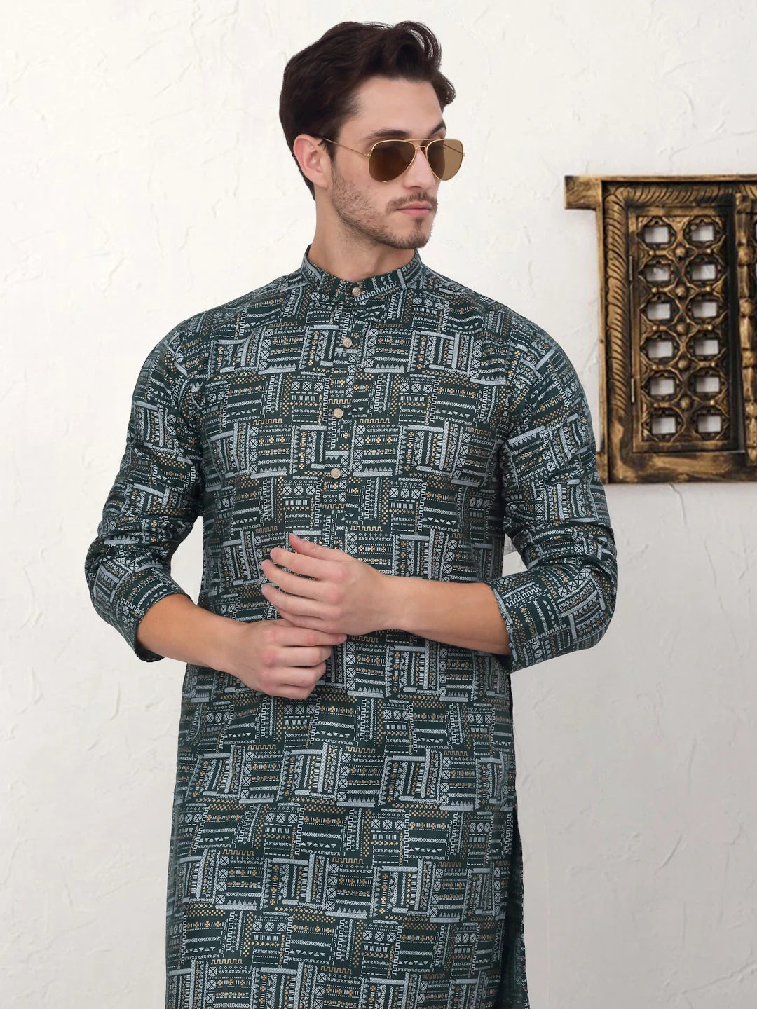 Dark Green Printed Mens Kurta Pajama Set | Cotton Kurta Pajama