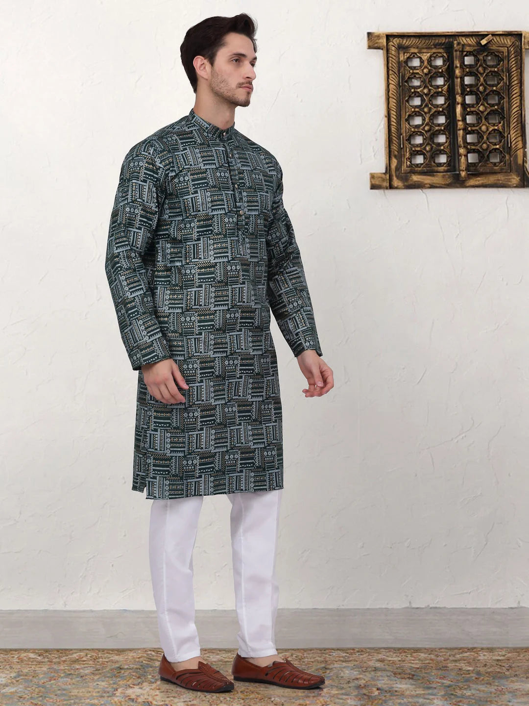 Dark Green Printed Mens Kurta Pajama Set | Cotton Kurta Pajama
