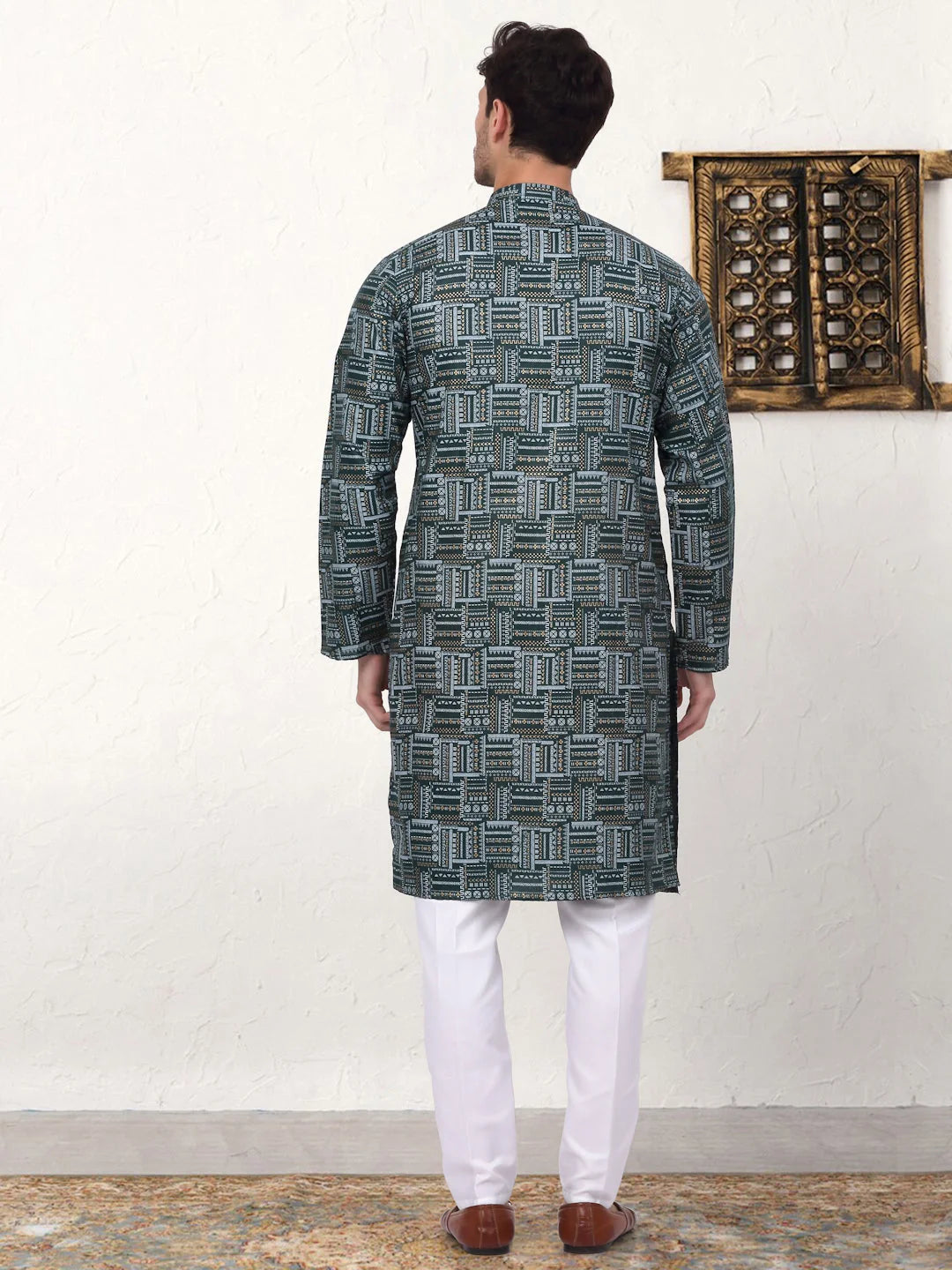 Dark Green Printed Mens Kurta Pajama Set | Cotton Kurta Pajama
