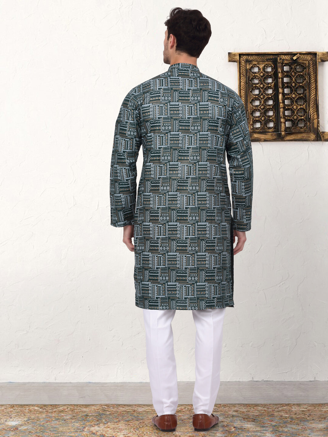 Dark Green Printed Mens Kurta Pajama Set | Cotton Kurta Pajama