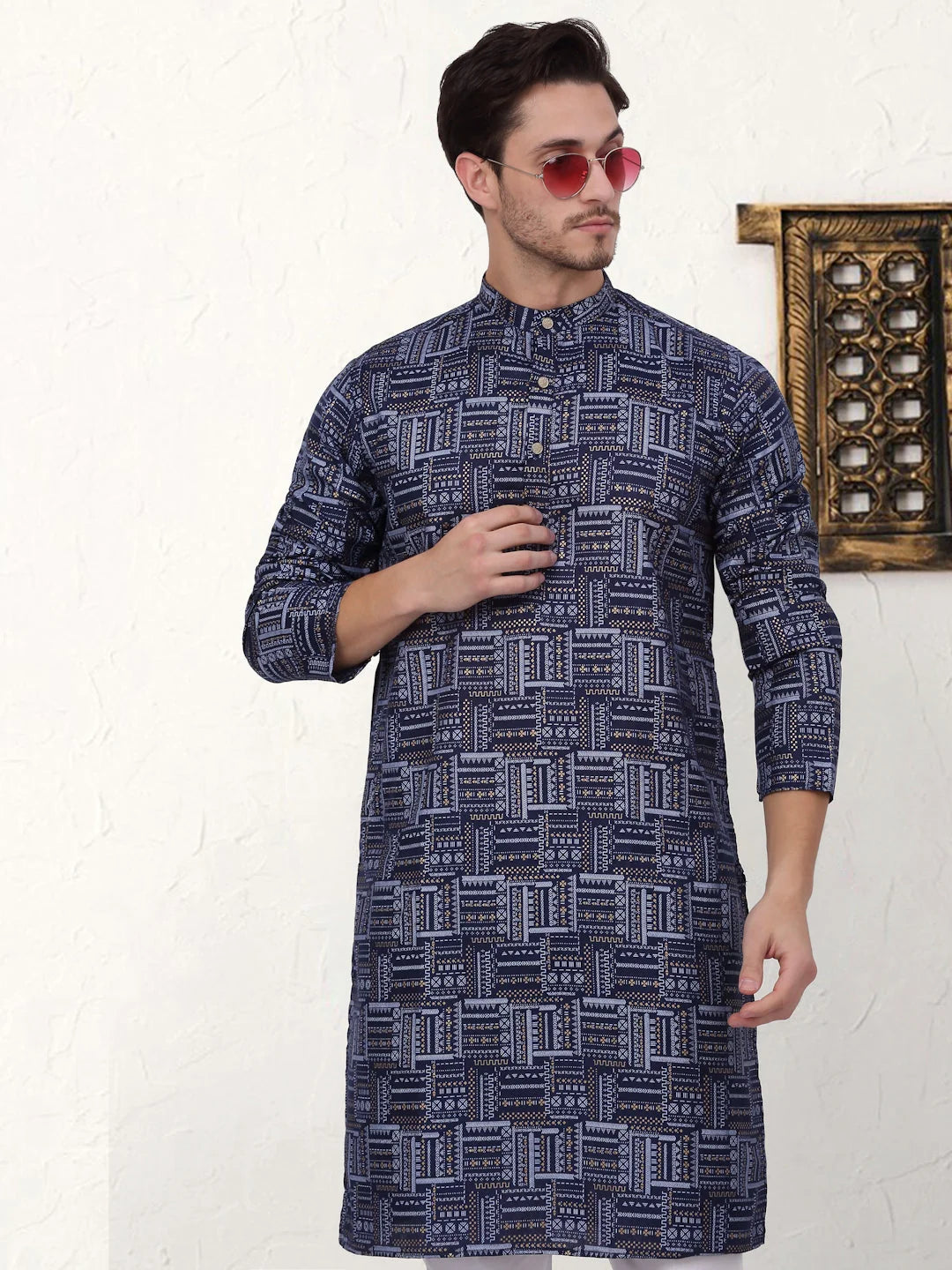 Navy Blue Printed Mens Kurta Pajama Set | Cotton Kurta Pajama