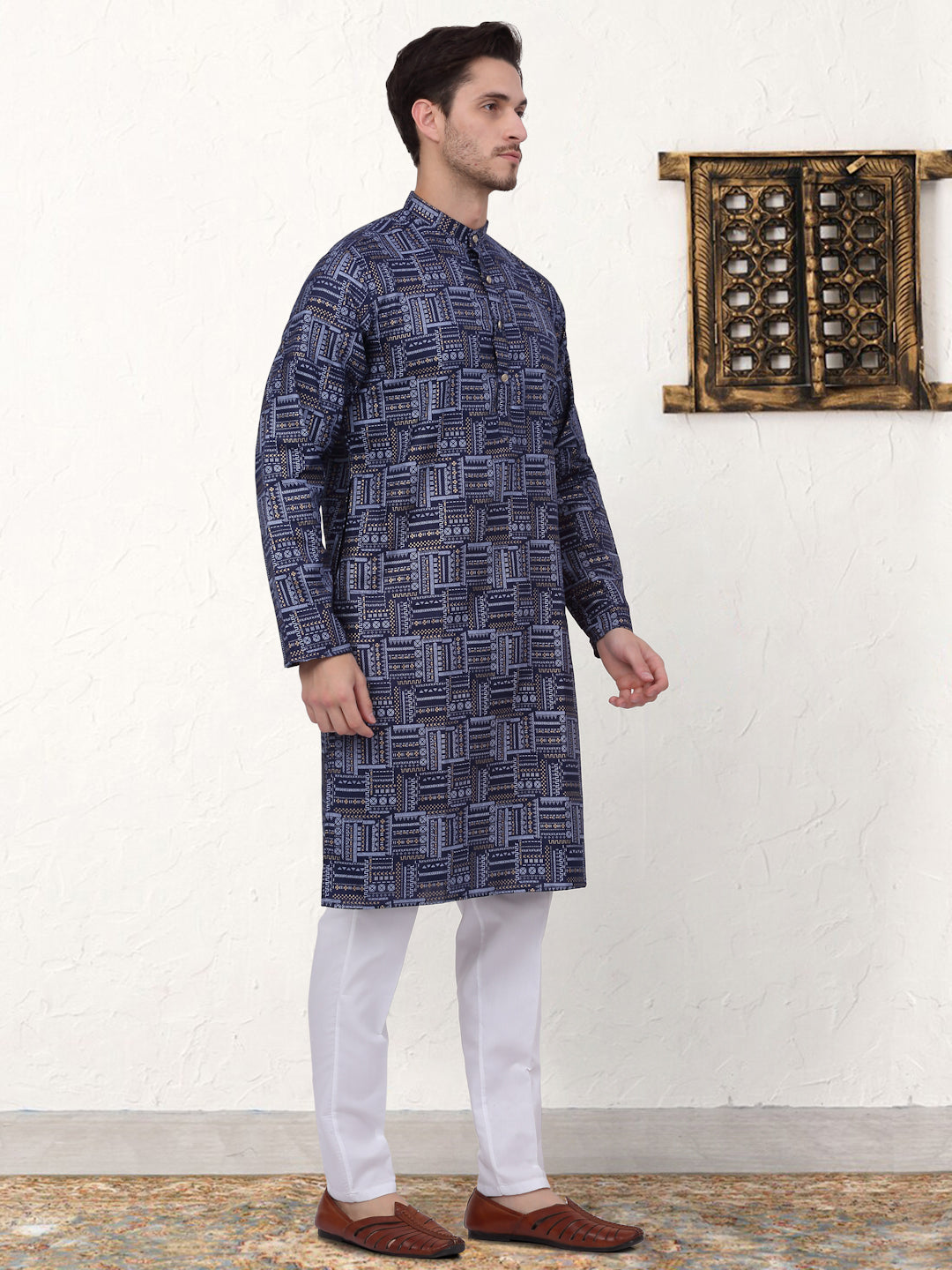 Navy Blue Printed Mens Kurta Pajama Set | Cotton Kurta Pajama