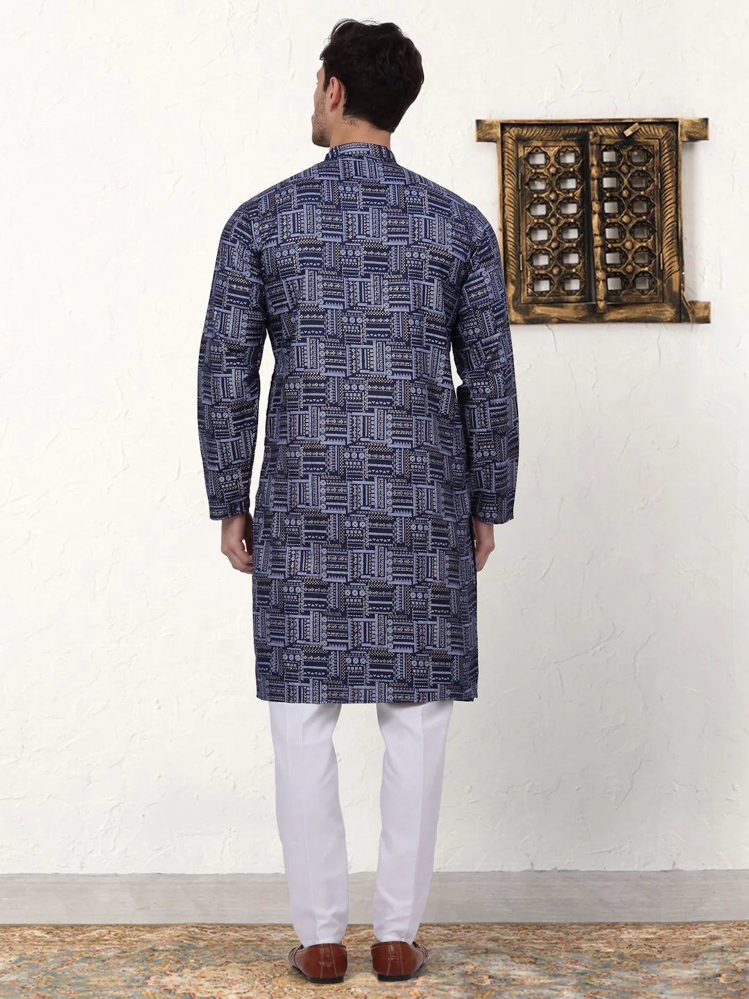 Navy Blue Printed Mens Kurta Pajama Set | Cotton Kurta Pajama