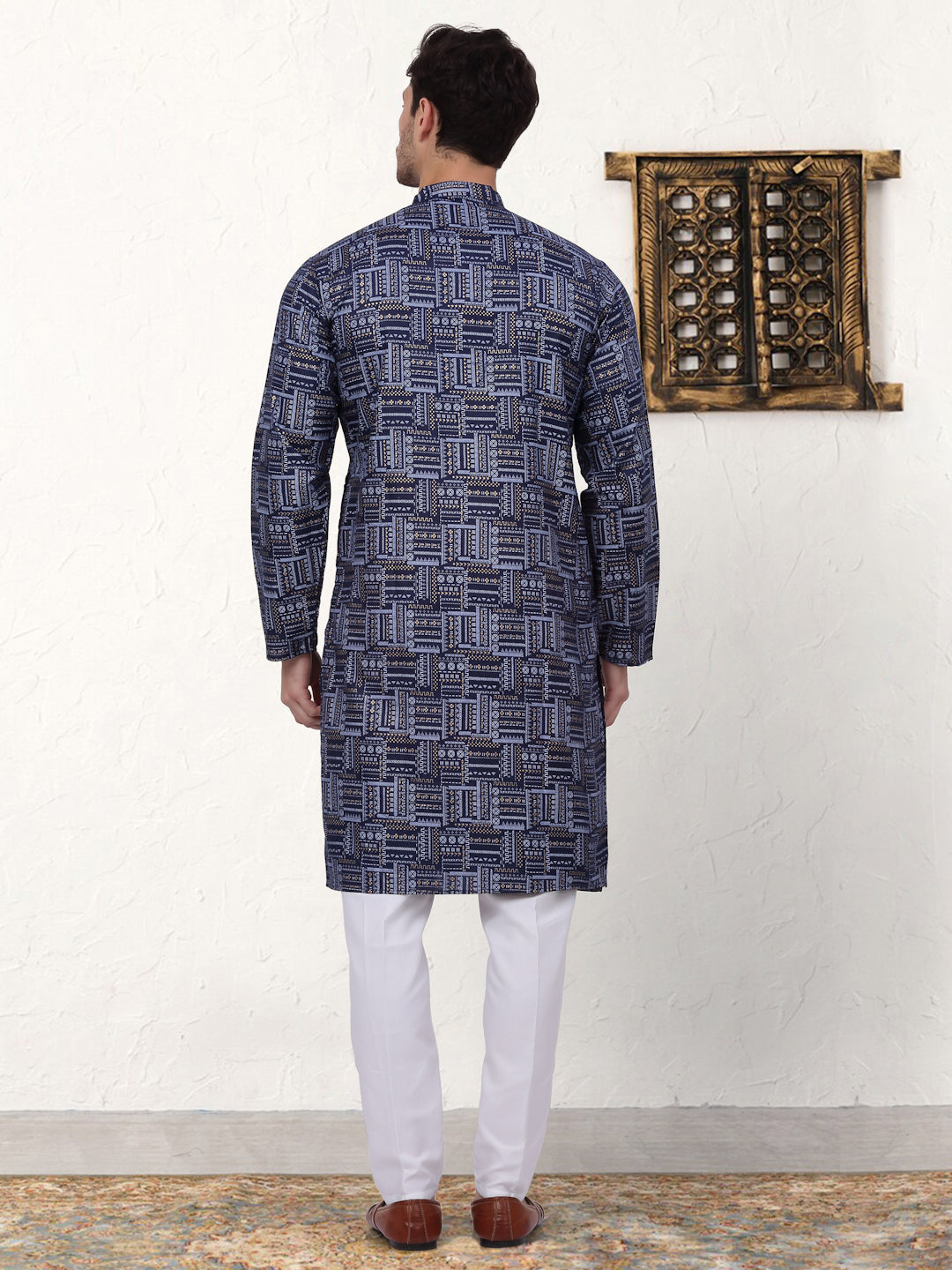 Navy Blue Printed Mens Kurta Pajama Set | Cotton Kurta Pajama