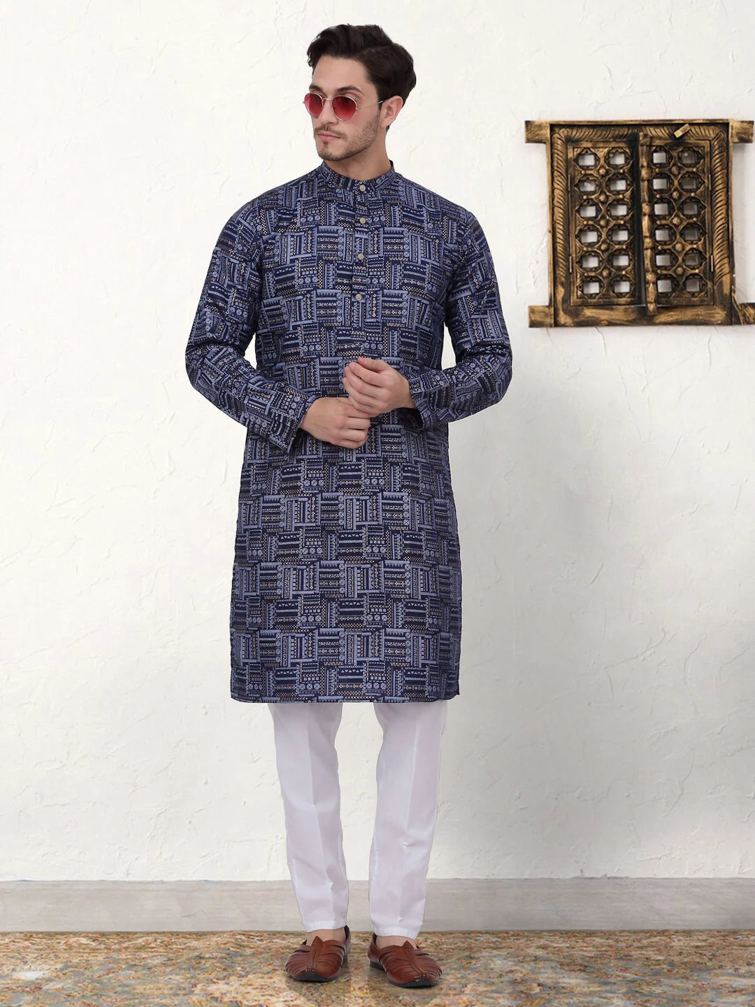 Navy Blue Printed Mens Kurta Pajama Set | Cotton Kurta Pajama