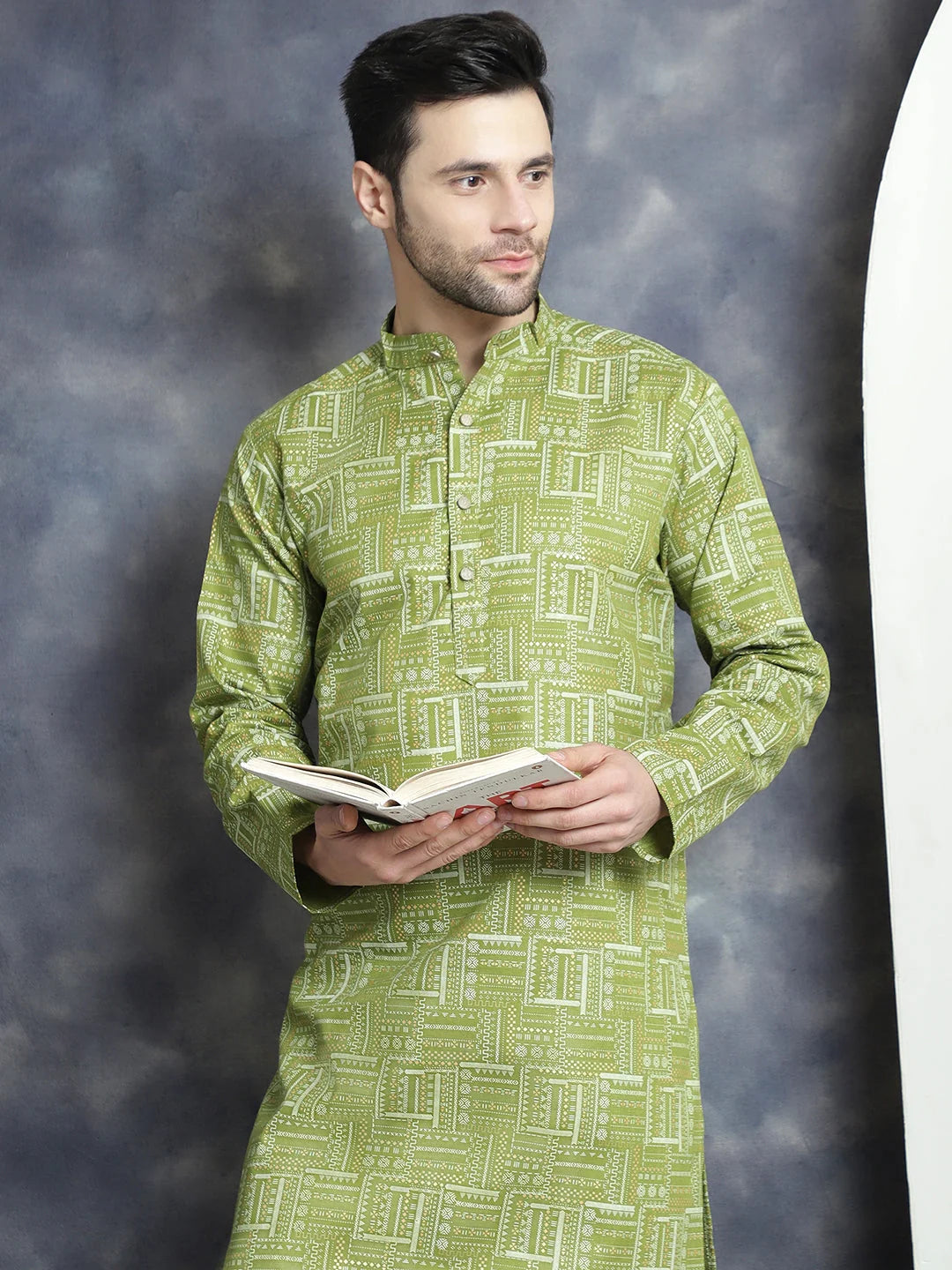 Olive Printed Kurta Pajama Set - Mens Kurta Pajama Set Online