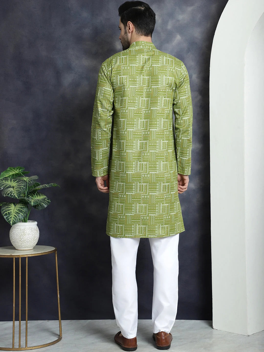 Olive Printed Kurta Pajama Set - Mens Kurta Pajama Set Online