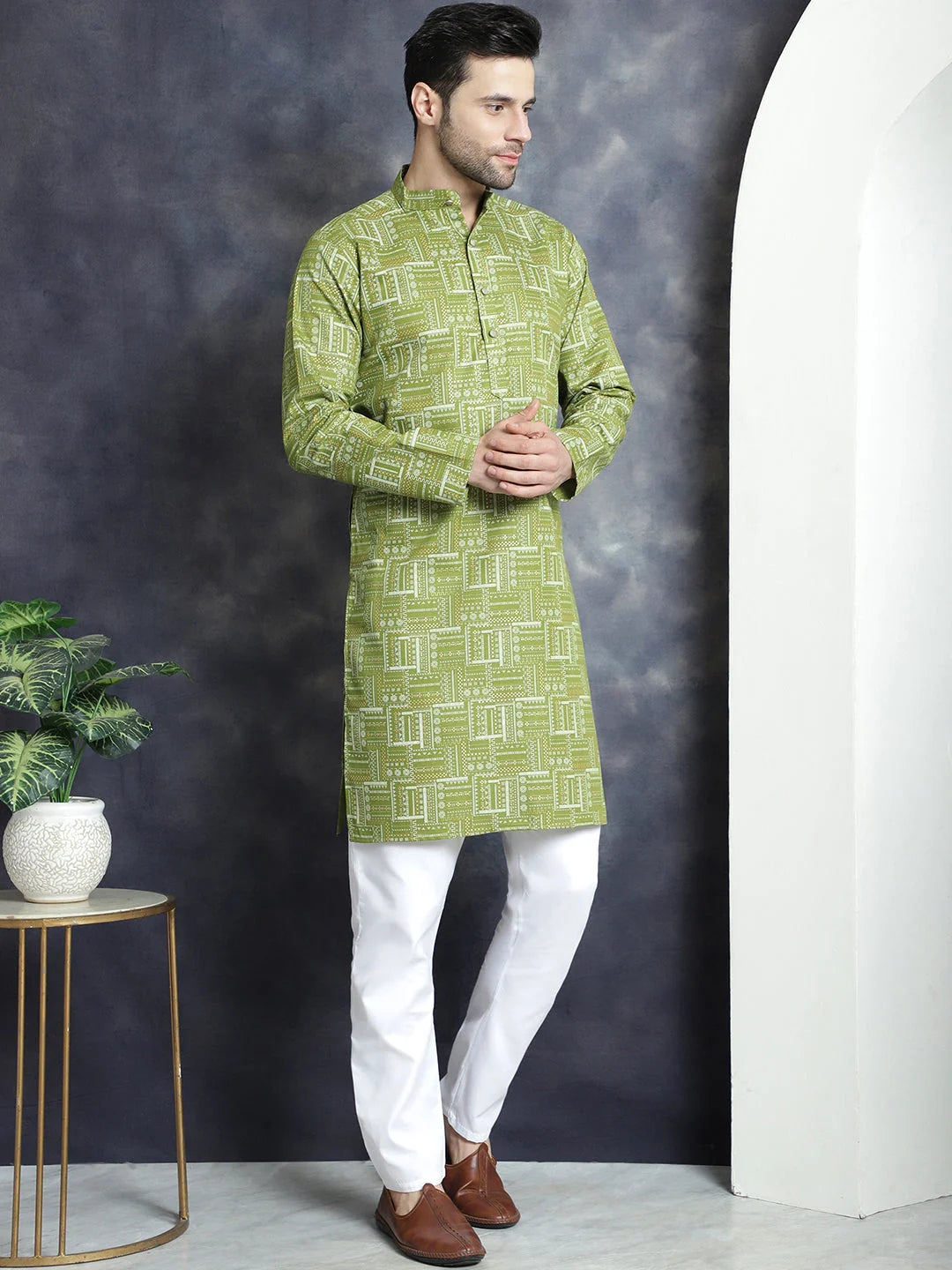 Olive Printed Kurta Pajama Set - Mens Kurta Pajama Set Online