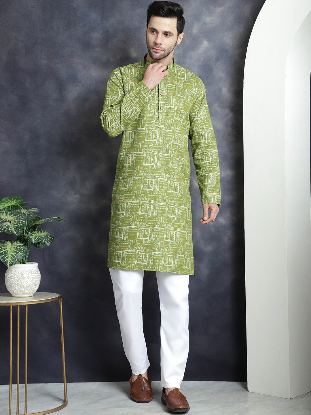 Olive Printed Kurta Pajama Set - Mens Kurta Pajama Set Online