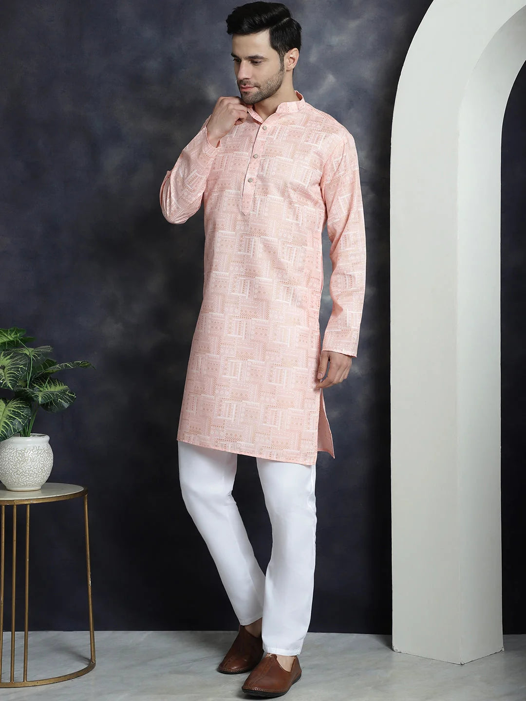 Peach Printed Kurta Churidar - Mens Kurta Pajama Set Collection