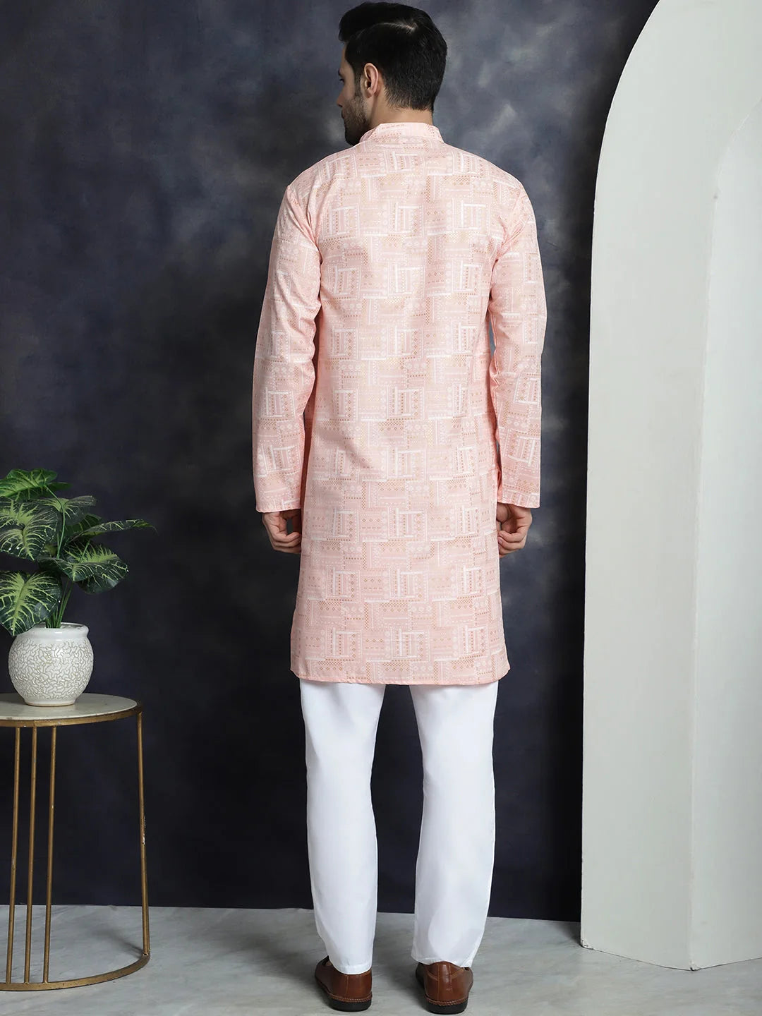 Peach Printed Kurta Churidar - Mens Kurta Pajama Set Collection