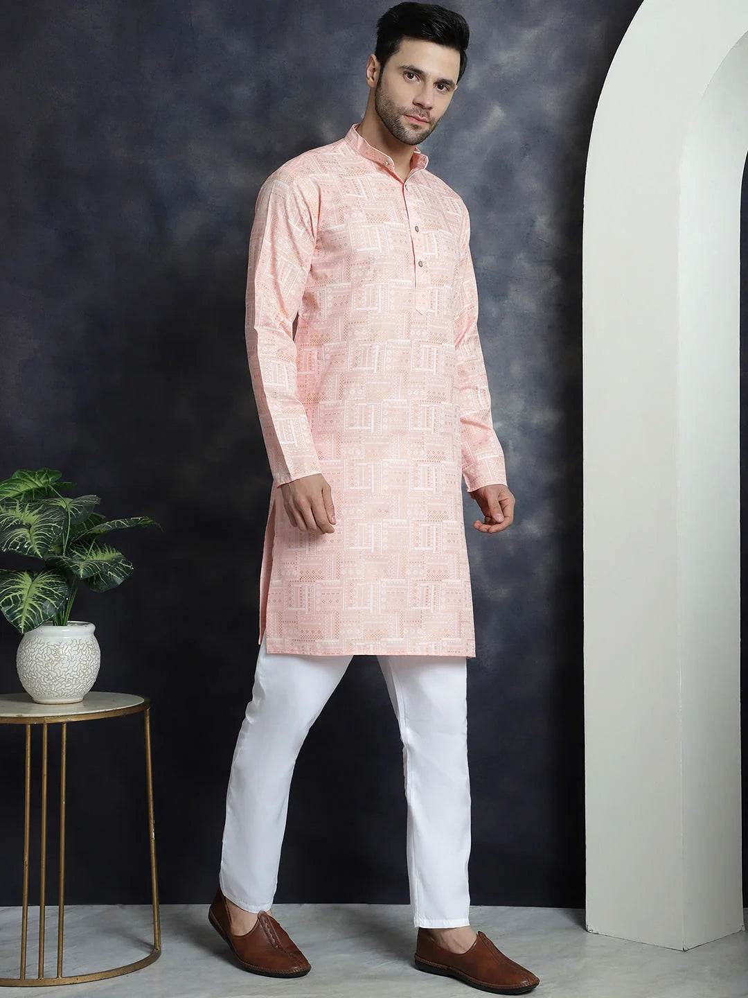 Peach Printed Kurta Churidar - Mens Kurta Pajama Set Collection