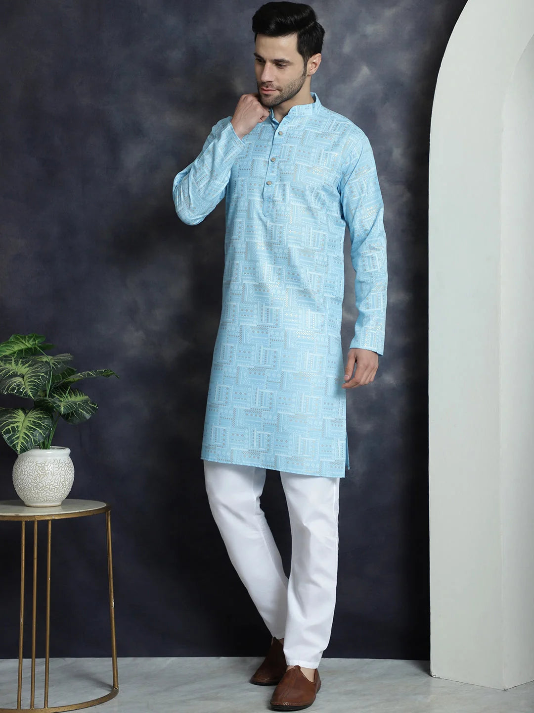 Men's Sky Blue Printed Kurta Pajama Set | Cotton Kurta