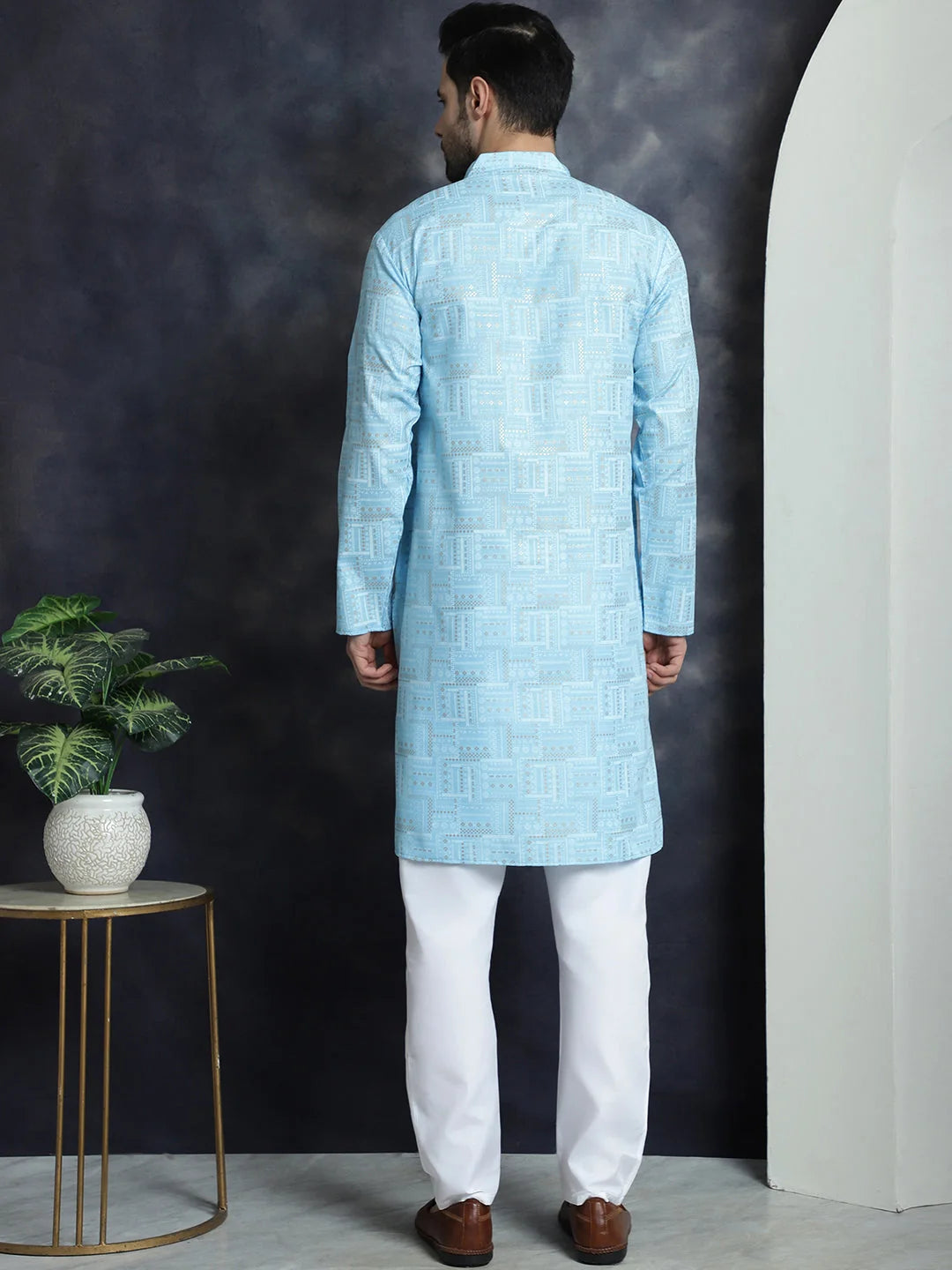 Men's Sky Blue Printed Kurta Pajama Set | Cotton Kurta