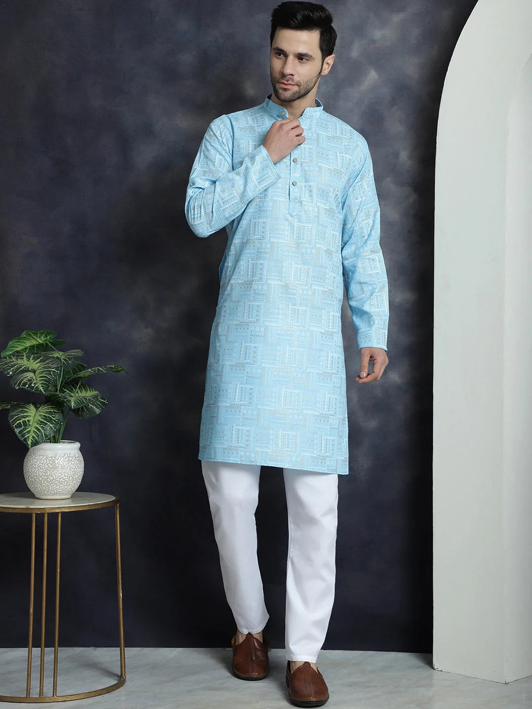 Men's Sky Blue Printed Kurta Pajama Set | Cotton Kurta