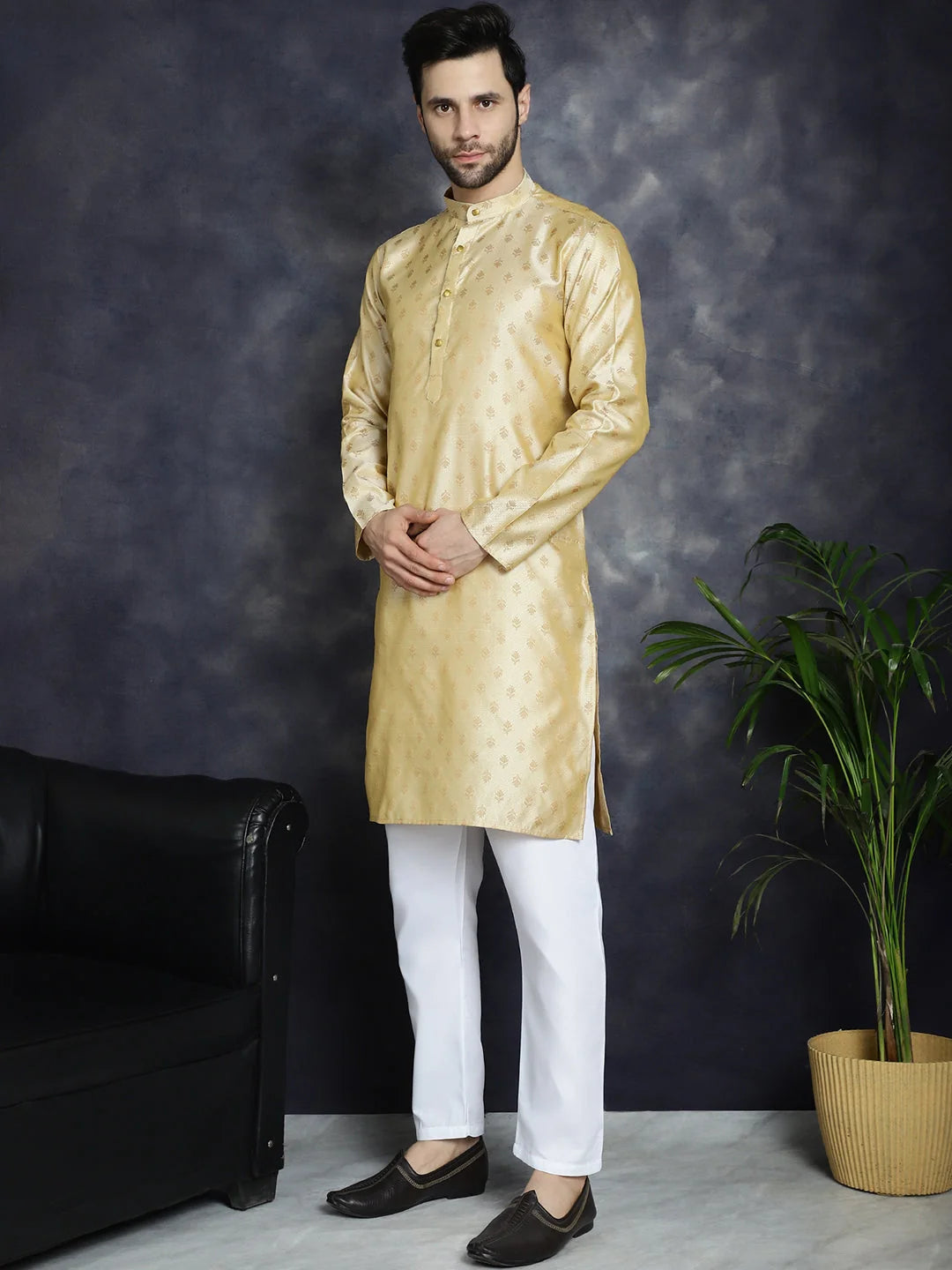 Golden Silk Blend Kurta Pajama Set | Mens Kurta Pajama