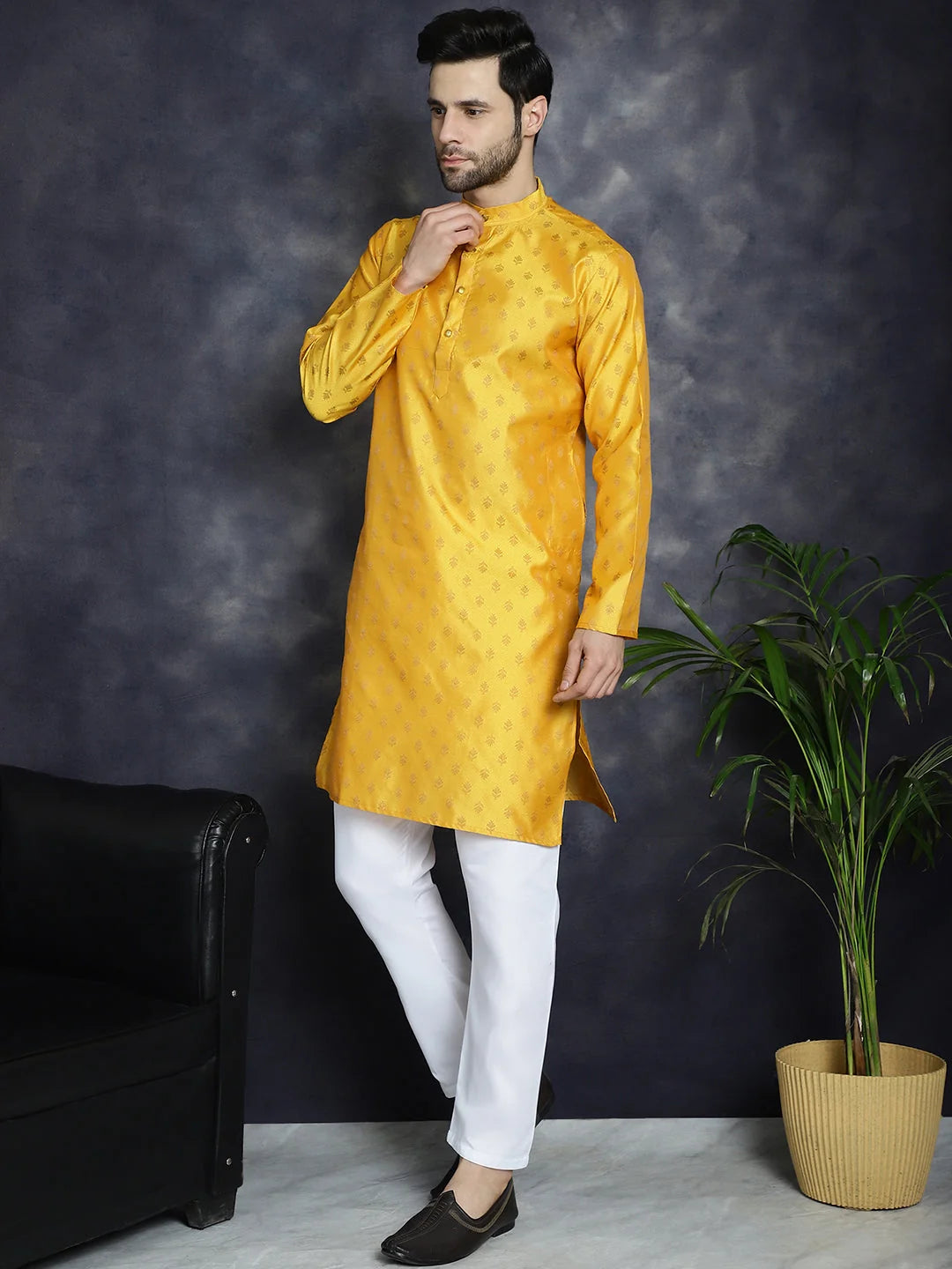 Mustard Silk Blend Kurta Pajama Set | Mens Kurta Pajama
