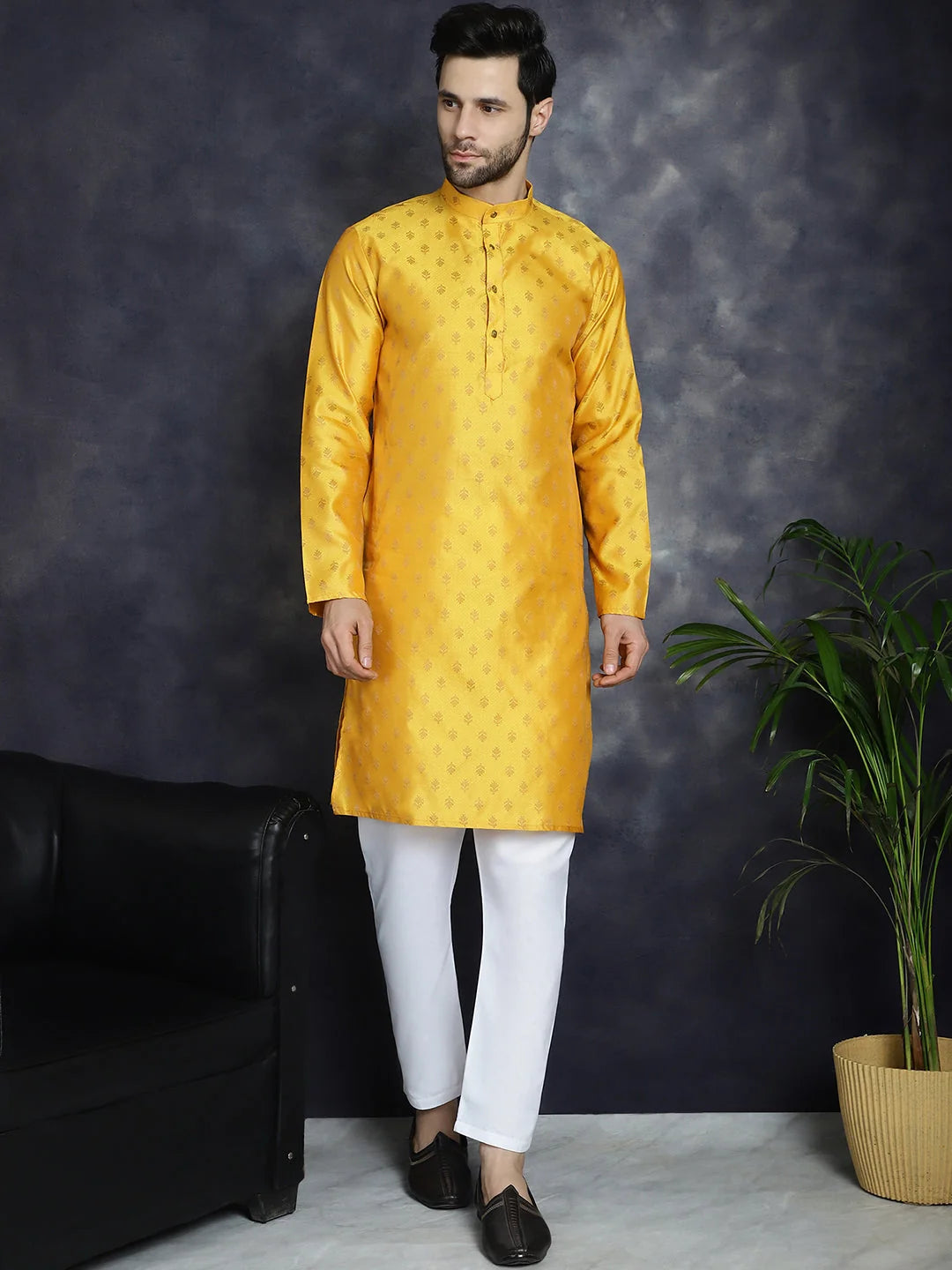 Mustard Silk Blend Kurta Pajama Set | Mens Kurta Pajama