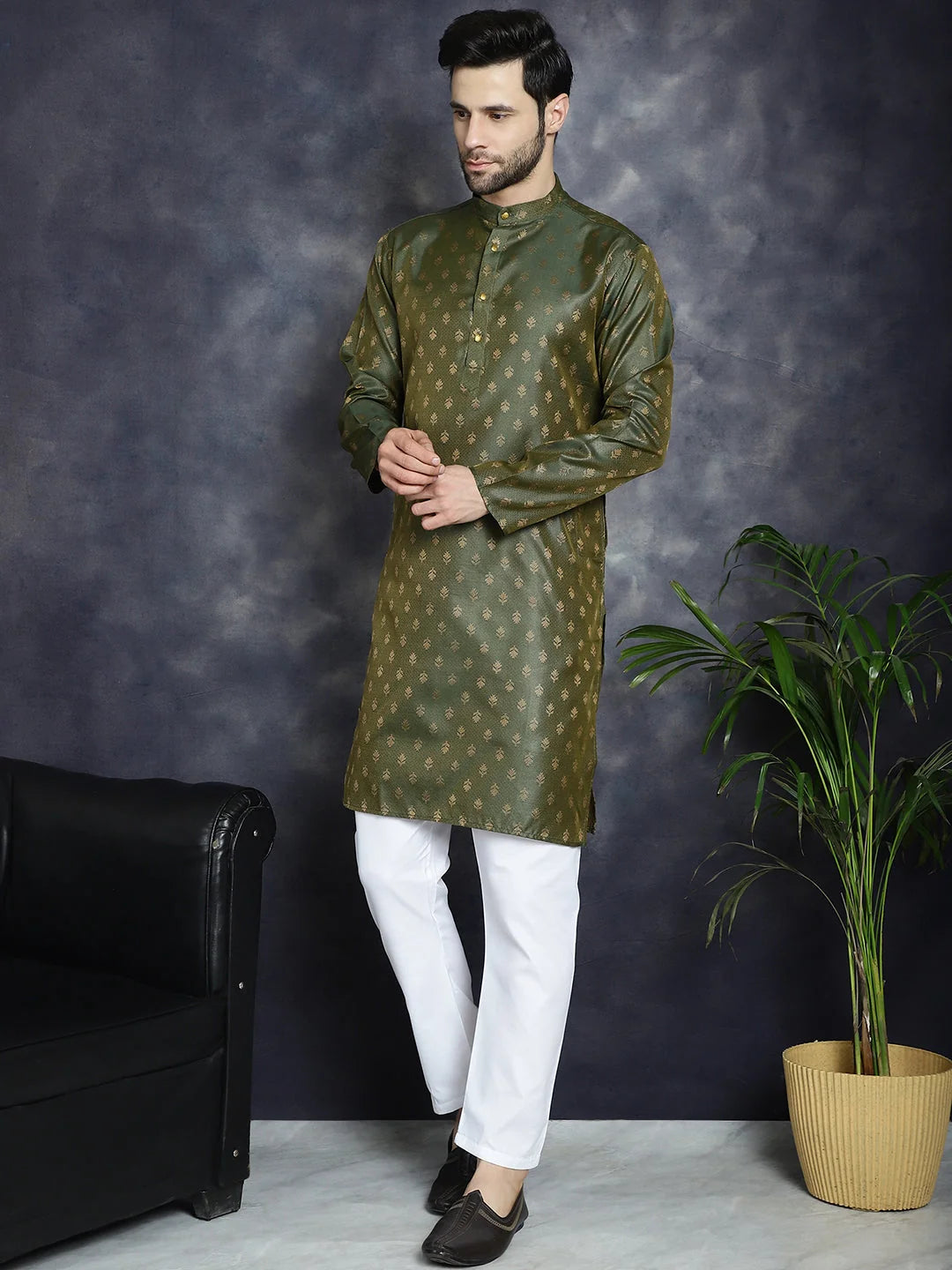 Silk Blend Mens Kurta Pajama Set - Woven Design | Shop Now!