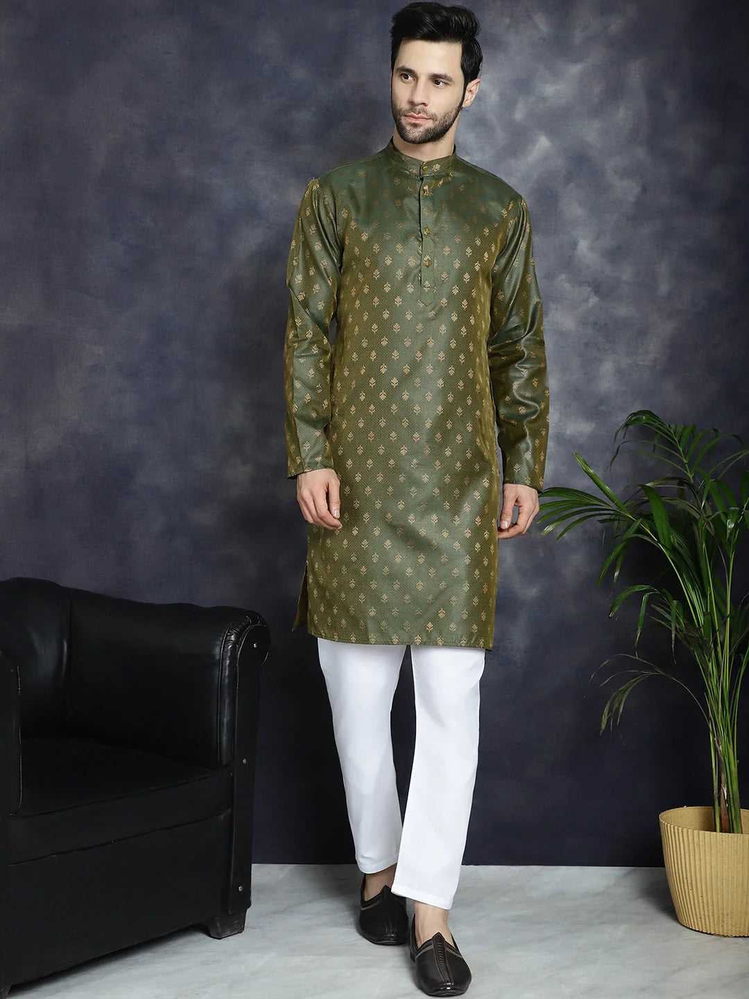 Silk Blend Mens Kurta Pajama Set - Woven Design | Shop Now!