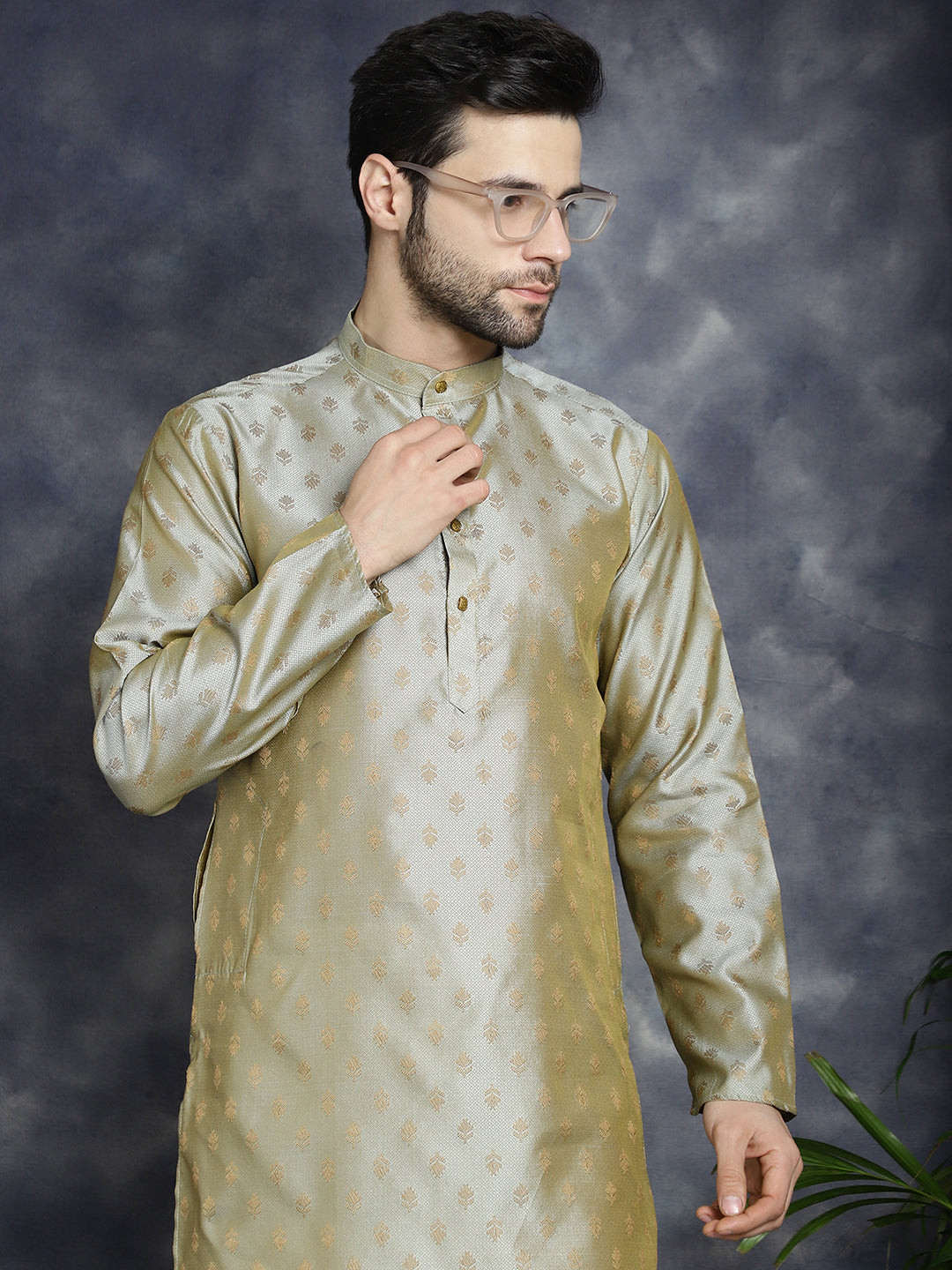 Woven Design Mens Kurta Pajama Set | Silk Blend Pista