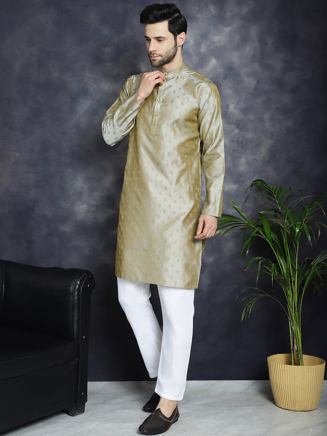 Woven Design Mens Kurta Pajama Set | Silk Blend Pista